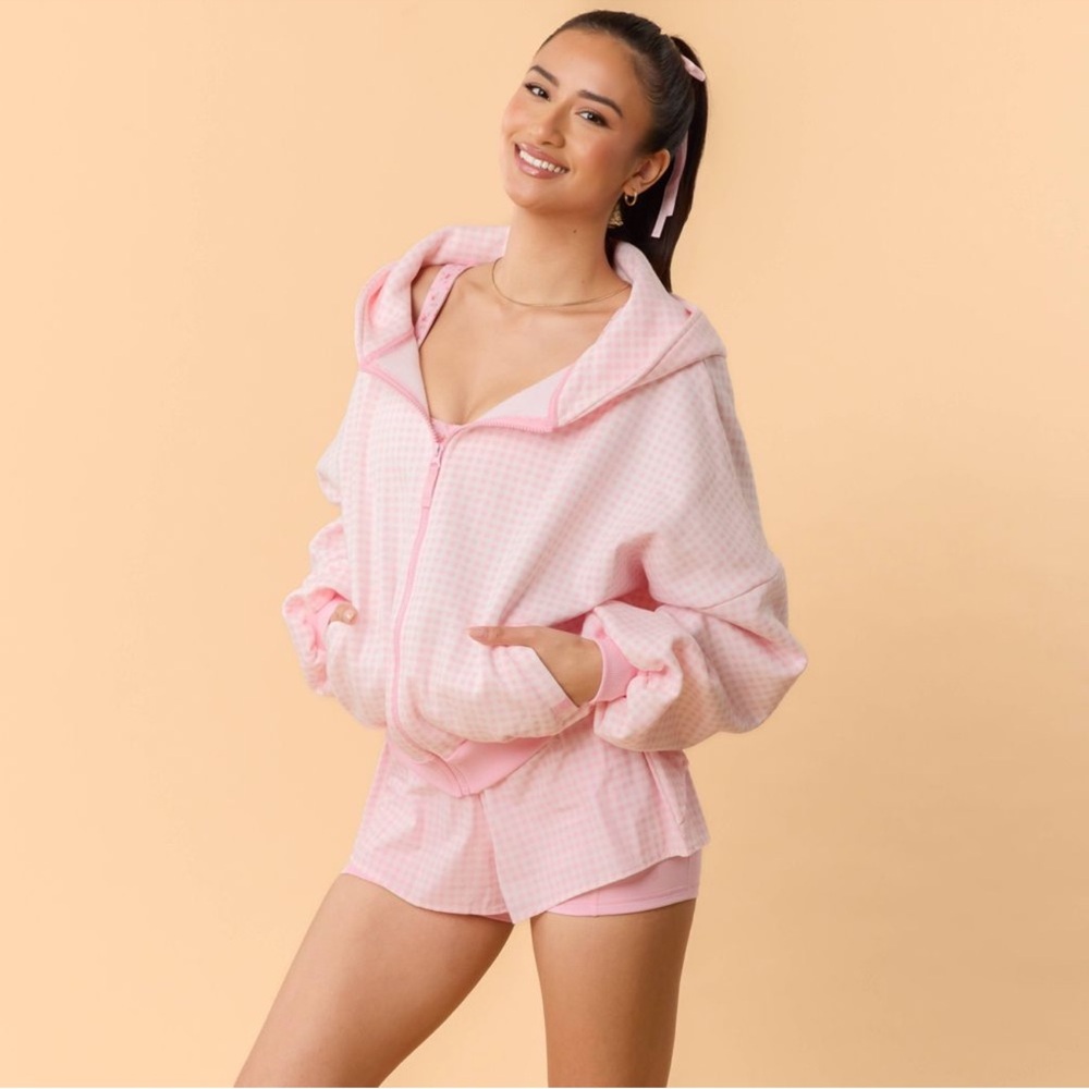 NWT Blogilates Marshmallow Full Zip Hooded Sweatshirt-Pink Gingham Size M - Picture 6 of 9